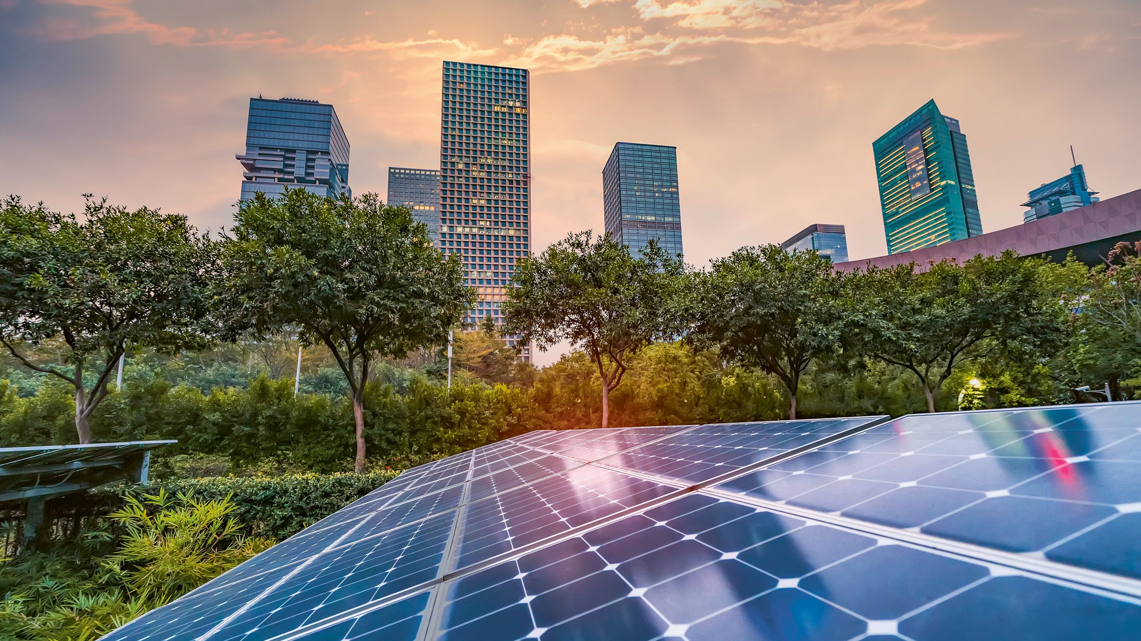Solar panels with a view of the city